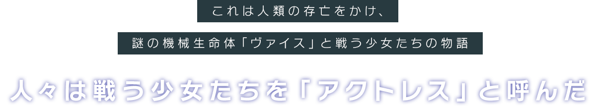 これは人類の存亡をかけ、謎の機械生命体「ヴァイス」と戦う少女たちの物語。人々は戦う少女たちを「アクトレス」と呼んだ