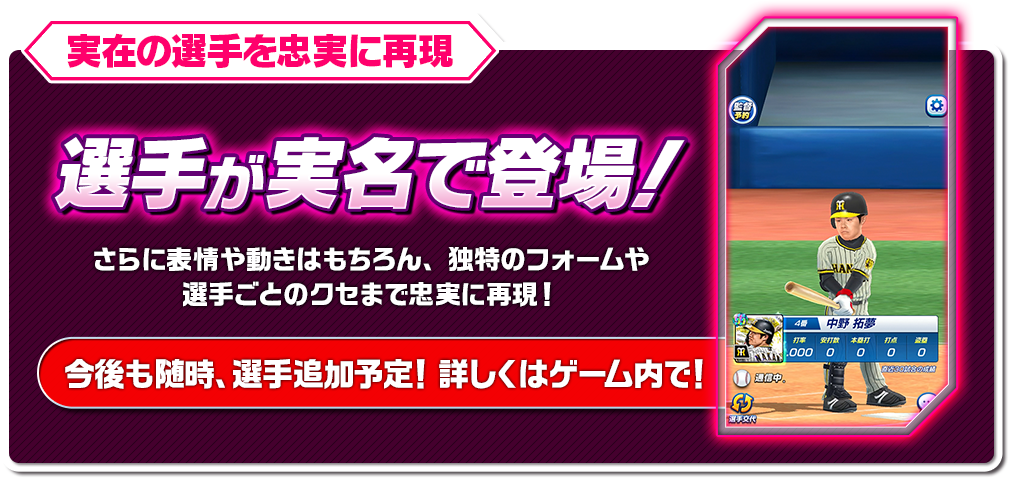 選手や球場も忠実に再現 選手が実名で登場！ さらに表情や動きはもちろん、独特のフォームや選手ごとのクセまで忠実に再現！