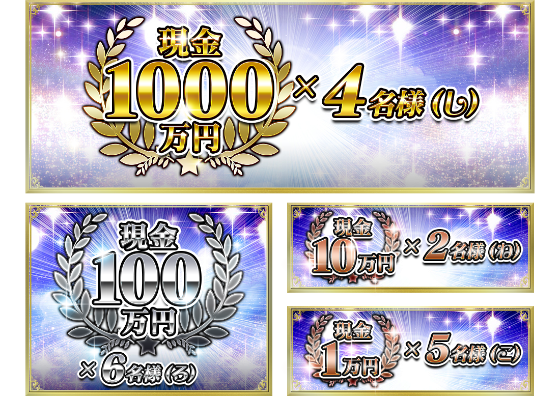 現金1000万円×4名様、現金100万円×6名様、現金10万円×2名様、現金1万円×5名様